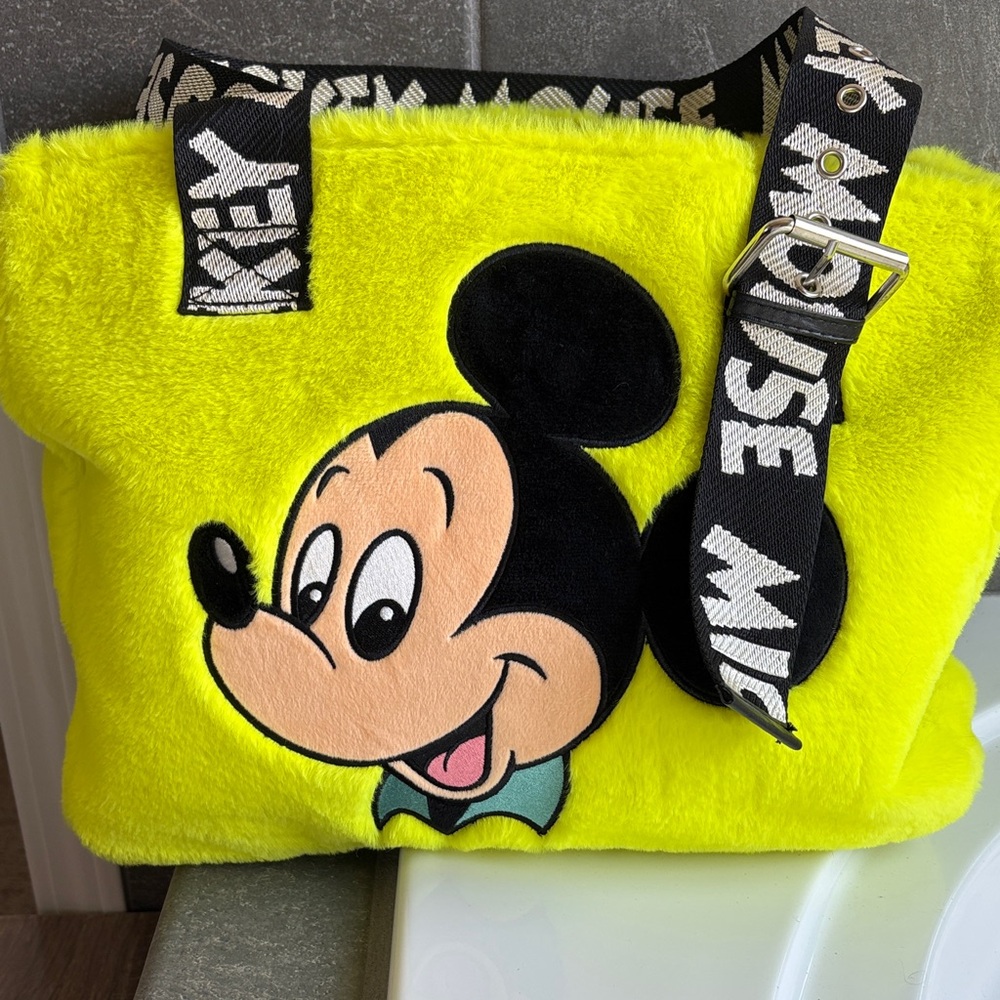 Disney Neon Yellow Mickey Mouse Plush Kids Tote Bag with Black Strap